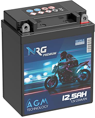 NRG Premium YB12AL-A2 AGM Motorradbatterie 12,5Ah 12V 250A/EN Batterie 51213 YB12AL-A auslaufsicher wartungsfrei ersetzt 12Ah 10Ah