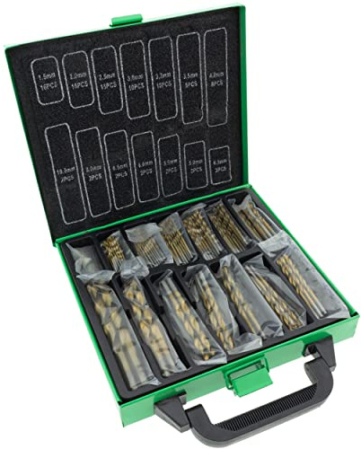 Toolchest Premium HSS - Juego de 99 piezas de 1,5 a 10 mm, titanio nitrurado DIN 338, en maletín de metal, brocas de acero