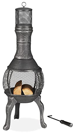 Relaxdays Cheminée Mexicaine, Fonte, Acier, HxLxP : 114x40x40 cm, Four aztèque, extérieur, Jardin, feu de Bois, Argent