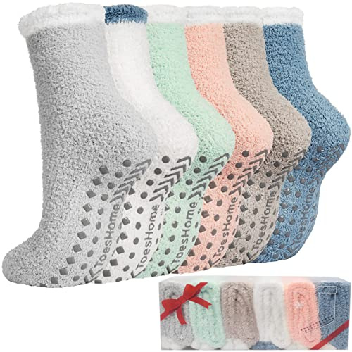 Toes Home Fluffy Slipper Socks Womens 6 Pairs, Non Slip Bed Warm Socks