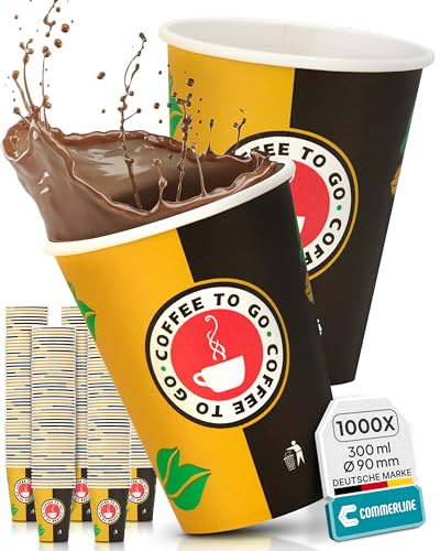 Commerline Pappbecher 300 ml Ø90 mm, 1000 Stück, Kaffeebecher to go