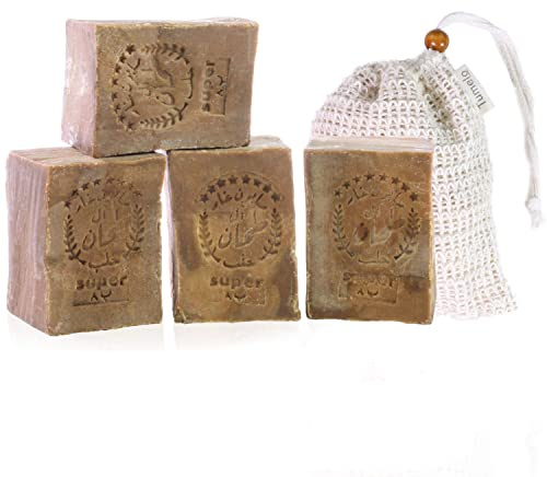TUMELO Original Aleppo Seife 4 x 200g (800g) 60% Olivenöl 40% Lorbeeröl + Sisal Seifensäckchen, handgemachte Olivenölseife Naturseife