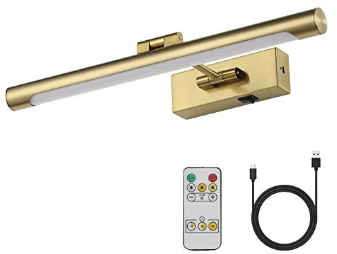 Joosenhouse Wireless Picture Light Battery Operated Rechargeable Picture Light 16.53in with Remote Control Dimmable and Timer Off Adjustable Swing Arm Brass LED Battery Spotlight for Picture Display