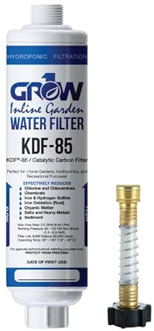 Grow1 Inline KDF-85 Water Filter, Garden Hose Filter for Plants, RV's, Pools, Car Washing & Window Cleaning – Removes Chlorine, Chloramines, Organic Material, Hydrogen Sulfide, Iron, & Heavy Metals