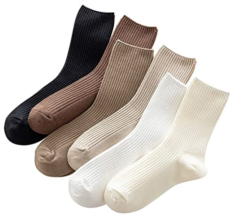 MarJunSep Women’s Cute Cotton Crew Socks Neutral Aesthetic Slouchy Boot Dress Socks Women Girls Granola Essentials, White, Black, Brown, Beige, Cream, Athletic, M