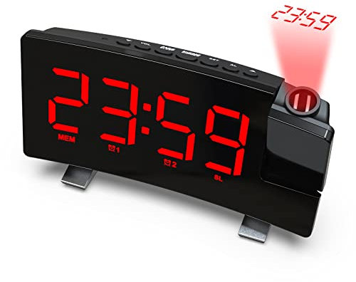 Ruspela Wecker Projektion, Radio Wecker mit 180° drehbarem Projektor Einstellbare Helligkeit Dual Alarm FM Radio für Schlafzimmer
