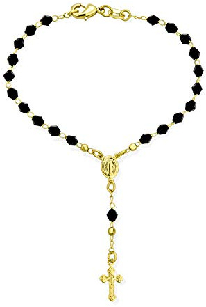 Bling Jewelry Christlicher Religiöser Schwarzer Perlen Rosenkranz Mit Heiliger Mutter Jungfrau Maria Kreuz Armband Zum Beten Für Frauen Und Teenager Vergoldet Mit 18 Karat 7 Zoll