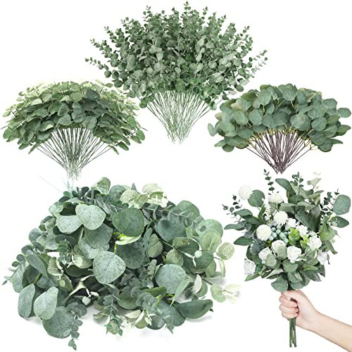 Giegxin 600 Stück 3 Arten gemischte Eukalyptusblätter, Stiele, Großpackung, künstliche Silber-Dollarblätter, getrockneter Eukalyptus, Kunstspray für Hochzeitsvase, Blumenstrauß, Blumenarrangement