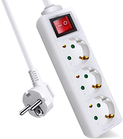 EXTRASTAR Regleta Alargador con 3 Enchufes e Interruptor, Cable 1.5M, para el hogar, Oficina y Viajes, 16A, 250V, 3680W, Blanco