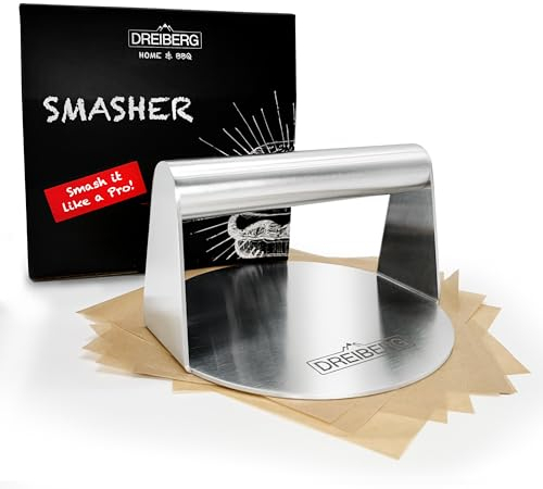 DREIBERG® Grill Press Set Round Including Burger Paper - Stainless Steel Burger Press for Smash Burgers. Smashed Burger Press for Grill, Pan & Teppanyaki Plate