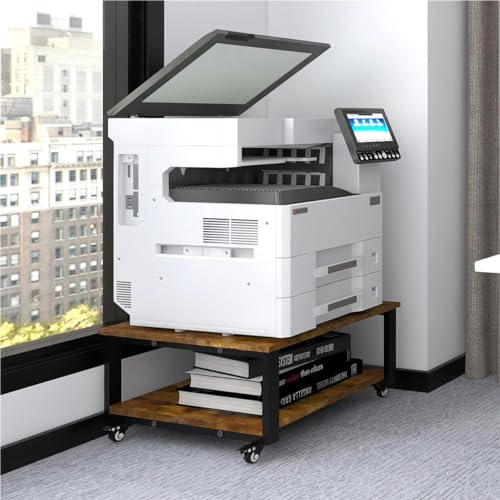 PUNCIA 2-Schichter Druckertisch mit Rollen 60 x 60 x 32 cm Druckerständer aus Holz & Metall Druckerwagen Druckerhalter Druckerregal für großen Drucker Scanner Büro Zuhause Office Schule Retro