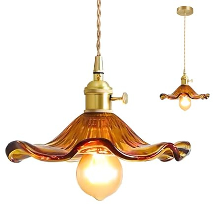EKSED Lámpara colgante de cristal verde Enchufe de latón dorado con interruptor, lámpara colgante, luz de techo para isla de cocina (Ámbar)