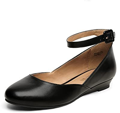 DREAM PAIRS Women's Ballet Flats Pumps Ballerina Ankle Strap Elastic Low Wedge Sandals Round Toe Comfy Dolly Shoes,Size 5.5,Black/Pu-N,REVONA