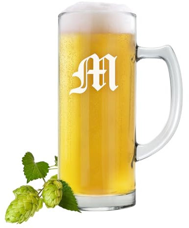 AMAVEL Bierkrug mit Gravur, Glaskrug mit Initial, Personalisierter Krug mit Griff, Bierglas mit Gravur, Bierbecher, Biergeschenke, Biergläser, Vatertagsgeschenk, Geschenke für Männer, 500 ml