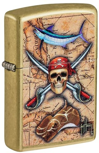 Guy Harvey Special Edition Uni Man Feuerzeug in Braun Multicolor Metall mit Piratenschädel, Schwertfisch und Manta Ray
