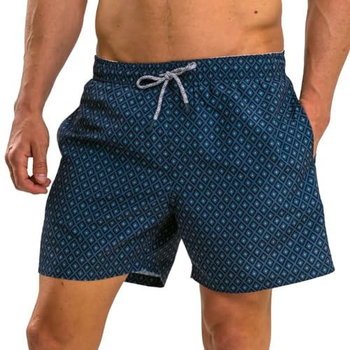 RIPT Men's Essentials Quick Dry UV 50 Sun Protection Swim Shorts Trunks,Airforce Blue Diamond Print, M