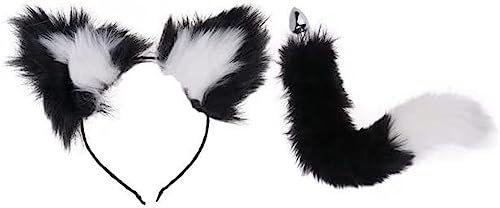 Diadema con Orejas de Animales de Piel sintética, Tocado con Cola, Juego de Tapones de Metal Cromado para Mujeres, Despedida de Soltera, Despedida de Soltera, Juguetes de Cosplay, Negro y bl