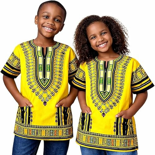 Adalex Global Dashiki African Kids Shirt Traditional Design, Authentic Clothes for Children Ethnic Patterns and African Print Boy Girl (UK, Age, 3 Years, 6 Years, Regular, Yellow Green)