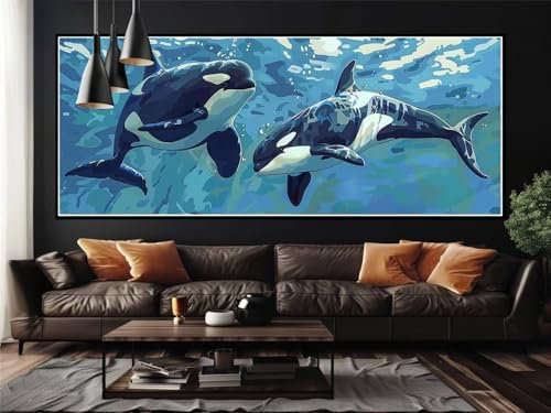 Malen Nach Zahlen Fisch Orca Malen Nach Zahlen Erwachsene, DIY Set Ölgemälde Malen Nach Zahlen XXL, Acrylfarben Painting by Numbers Bastelset, für Geschenk Wanddekoration, 50x150cm (Ohne Rahmen)-YH735