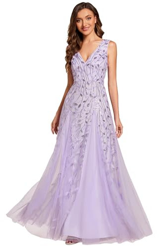Ever-Pretty Abiti da Damigella d'Onore Tulle Paillettes Senza Maniche Impero Vita Scollo A V A Line Lavanda 40