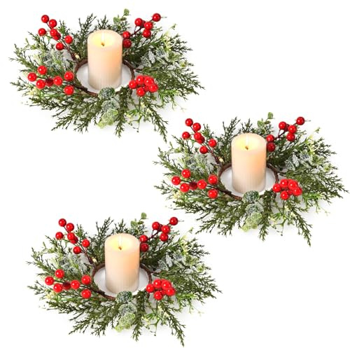 Weihnachts Kerzenringe Weihnachten Teelichthalter Votivkerzenhalter für Tischdekoratio, Künstlicher Roten Beeren Kranz Verschneiten Kiefernnadeln Kerzenring Hochzeit Kernstück Haustür Tisch Dekoration