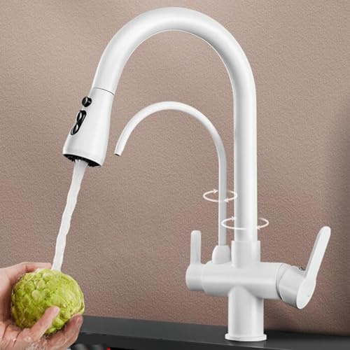 Rubinetto 3 Vie Cucina con Doccetta Estraibile Bianco Rubinetto Lavello Cucina Girevole A 360° Ottone Miscelatore Cucina 3 Vie-Bianco