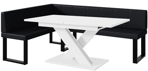 MEBLINI Eckbank für Esszimmer mit ausziehbarem Tisch - Küchenbank - Essecke - Sitzecke Küche - Peter - U-Beine 142x196x87cm Links - Schwarz Kunstleder/B Weiß Matt