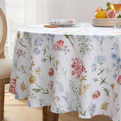 Softalker Tischdecke abwaschbare rund 160 cm Frühling Blumen Tischdecken Outdoor Wasserabweisend und abwischbare Gartentisch Weiß Tischtuch Sommer Deko Balkon Party Hochzeiten Geburtstag Festliche
