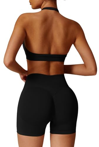 JN JANPRINT Set di allenamento senza cuciture per le donne 2 pezzi Halter Backless reggiseni sportivi nascosti pantaloncini elastici abiti da yoga tuta da palestra, Nero , M