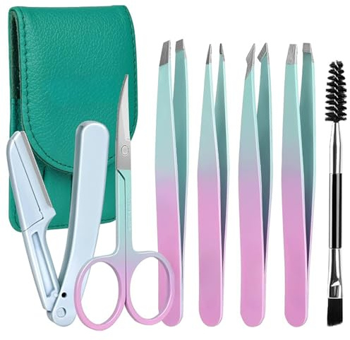 Juego de pinzas profesionales de acero inoxidable para cejas (7 Piezas), pinzas de acero inoxidable, Para eliminar pelos encarnados, vello facial, Verde