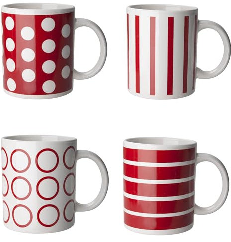 4er Set Becher aus Keramik Kaffeebecher Kaffeepott Haferl Teepott mit vier Rot-Weiss gestreiften und gepunkteten Tassen in bunter Geschenkbox 325 mL