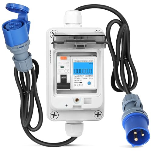 SWAWIS Wattmetre Numérique Mobile 230V 16A - Wattmètre Numérique avec Disjoncteur FI Type A, Prise CEE IP44, Boîtier IP67 Prise Compteur D'énergie pour Camping-cars Véhicules Electriques