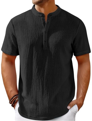 WINKEEY Camisetas Manga Corta Hombre de Botones Cuello Redondo Camisas Hombres Manga Corta para Cómoda Casual Suaves Sólido Gran Tamaño Ropa Hombre