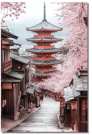 lianyibo Japanische Straßenlandschaft mit Sakura-Gebäude, Leinwand-Poster und -Druck, Wandkunst, Gemälde, Wandbild für moderne Wohnzimmerdekoration, 50 x 70 cm, rahmenlos