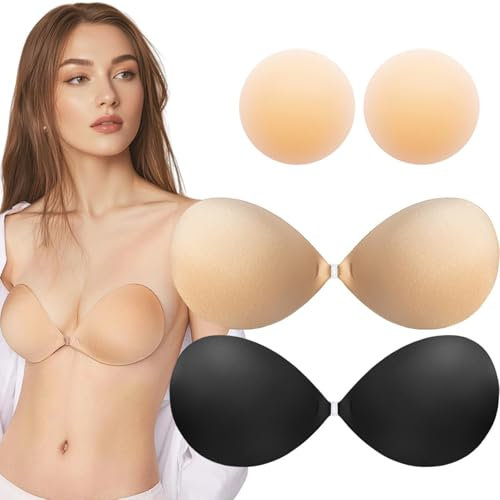 ANGELEMM Sticky Bra Push Up - Invisible Stick on Push Up Bra for Women, 2 Pack Silicone Adhesive Bra Push Up, Reusable Backless Strapless Bras for Party Wedding Dress (Cup C)