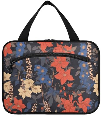 Yoogain Retro Klematis blommor blå röd hängande herr resväska toalettsaker med krok, designer vattentät hängande sminkväska för resor kvinnor badrum bolsa para guardar maquillaje L, retro Klematis
