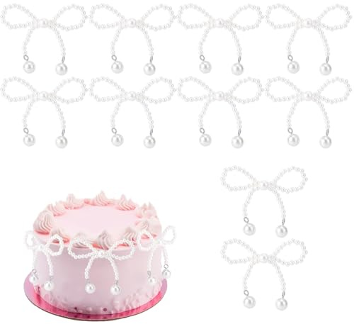 Lyreh 10pcs Pearl Bow Cake Picks Decorations, 2.56x1.97 Inch Coquette Party Decor Small Artificial Pearls Elegant White Bow Theme Cupcake Toppers for Wedding Birthday Party Floral Bouquet Wrapping