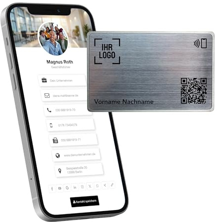 Litfax Digitale NFC Visitenkarte – Metall – NFC Karte inkl. Website & vCard-Profil – Keine monatlichen Gebühren – Kompatibel mit Smartphones (Android und iOS) (Metall Silber)