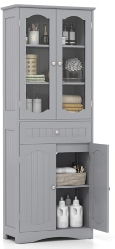 COSTWAY Badezimmerschrank, Badschrank Hochschrank mit 4 Türen & Schublade & verstellbarem Einlegeboden, Aufbewahrungsschrank für Wohnzimmer, Badezimmer, Küche, 60 x 30 x 160 cm (Grau)