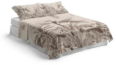 NARCISO - Lenzuola Matrimoniali 100% Cotone Stampate con Fantasie Originali Realizzate e Stampate in Italia con Inchiostro Sicuro per la Pelle, Completo Letto Matrimoniale 4 Pezzi (Palmas Sabbia)