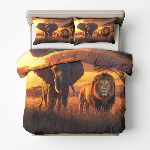 Bettwäsche 135x200 Löwe Elefant Motiv - Afrikanisches Wildtier Bettbezug und 1 Kissenbezug 80x80, Sommer Weiche Mikrofaser Deckenbezug 2er Set mit Reißverschluss, Wendebettwäsche & Deko N&-2877