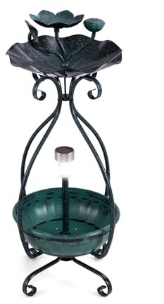 GOPLUS Mangeoire Oiseaux Exterieur Hauteur 79 CM, Abreuvoir d’Oiseaux sur Pied avec Jardinière, Lumière LED Solaire, Cadre en Métal, Meuble Décoratif en Forme Lotus pour Jardin, Terrasse (Bronze Vert)