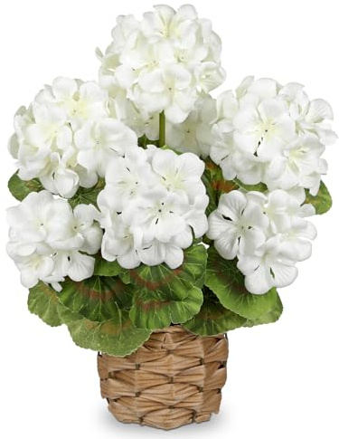 Arborus Artificial Flower in Woven Pot 13.7 Faux White Geraniums in Rustic Basket Realistic Silk Flowers Arrangement Indoor Decorative Artificial Flowering Plant for Home Living Room Tabletop Décor