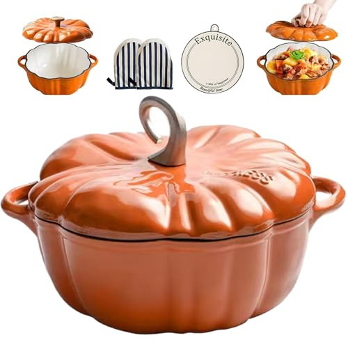 Dutch Oven mit Kürbissen, emaillierter Kürbistopf aus Gusseisen mit Deckel, Kürbis-Auflauf-Suppentopf für alle Herdplatten, Thanksgiving-Halloween-Küchendekoration(OrangeB,16cm/6.2in)