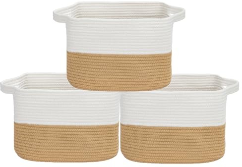 Toemics 3er Set Aufbewahrungskorb Klein Regalkörbe aus Baumwollseil Geflochten Körbe Aufbewahrung mit Griffen für Regal Kinderzimmer Wohnzimmer Badezimmer, Weiß und Jute