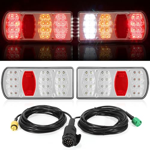 DARKGUARD LED-släpvagn, bakljus, set, 13 poler, 12 V/24 V, 5 poler, bajonett, plug & Play 5,5 m, förkabel, 7 funktioner (blinker/bromsljus/position/bakljus), för husvagn, lastbil, ECE IP65