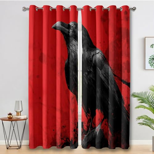 Genérico Cortinas Salon Cuervo, Cortinas Dormitorio Cuervo Gótico Negro y Rojo Decoracion Habitacion Ventana, Termicas Aislantes, con Anillas, 110x220 2 Piezas (An X Al) L-C&23