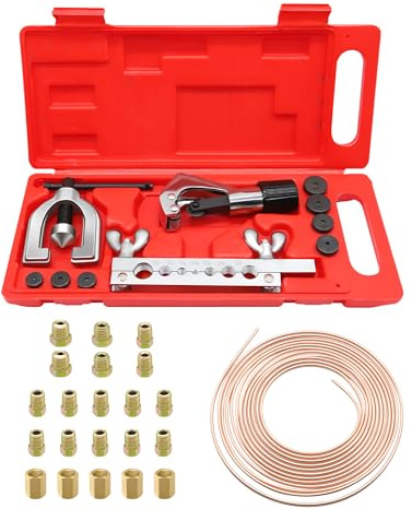 RUIZHI Bremsleitung Bördelgerät, Werkzeugsatz zum Aufweiten von Bördelgerät Bremsleitungen, 7,62m Ø 4,75mm Bremsleitung mit 16 Anschlüssen+5 Verbinder, Rohrschneider(3-28mm)