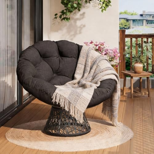 Acekool Poltrona da Giardino Girevole a 360° in Rattan, Sedia a Dondolo Rotonda con Papasan Cuscino Confortevole, per Esterni o Interni, Giardino, Patio, Soggiorno