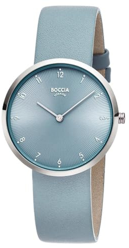 Boccia Titanium Damenuhr 3309-14 Titan 36 mm mit blauem Zifferblatt, Quarz Armbanduhr mit Lederarmband blau, ultraflach ca 7 mm, wasserdicht 3 bar, leicht und antiallergisch